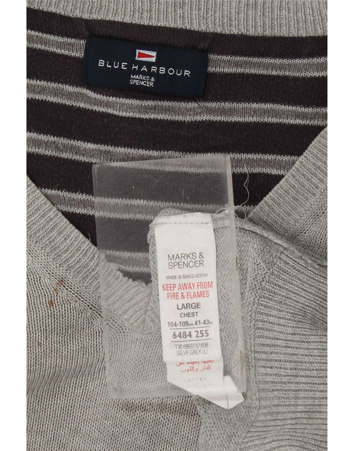 Marks & Spencer Mens Blue Harbour V-Neck Jumper Sweater Large Grey Cotton