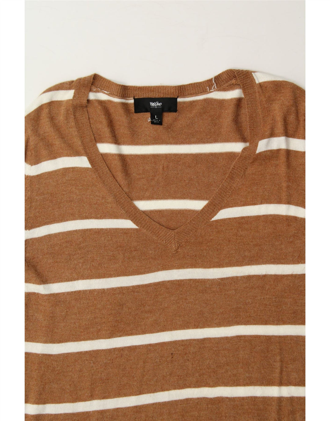 MOSSIMO Womens V-Neck Jumper Sweater UK 16 Large Brown Striped Nylon Vintage Mossimo and Second-Hand Mossimo from Messina Hembry 