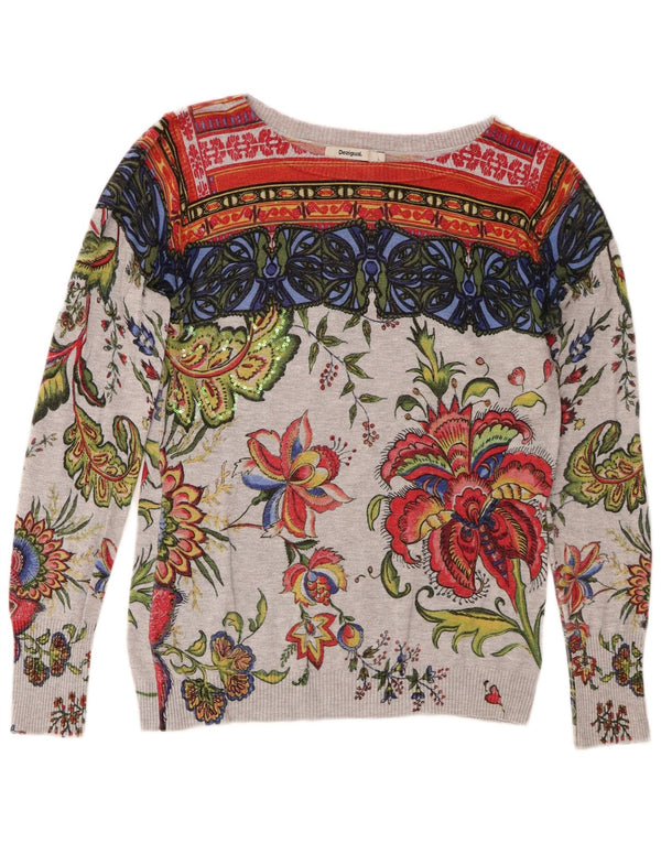 Desigual Dame Grafisk Boat Neck Jumper Sweater UK 14 Large Grey Floral