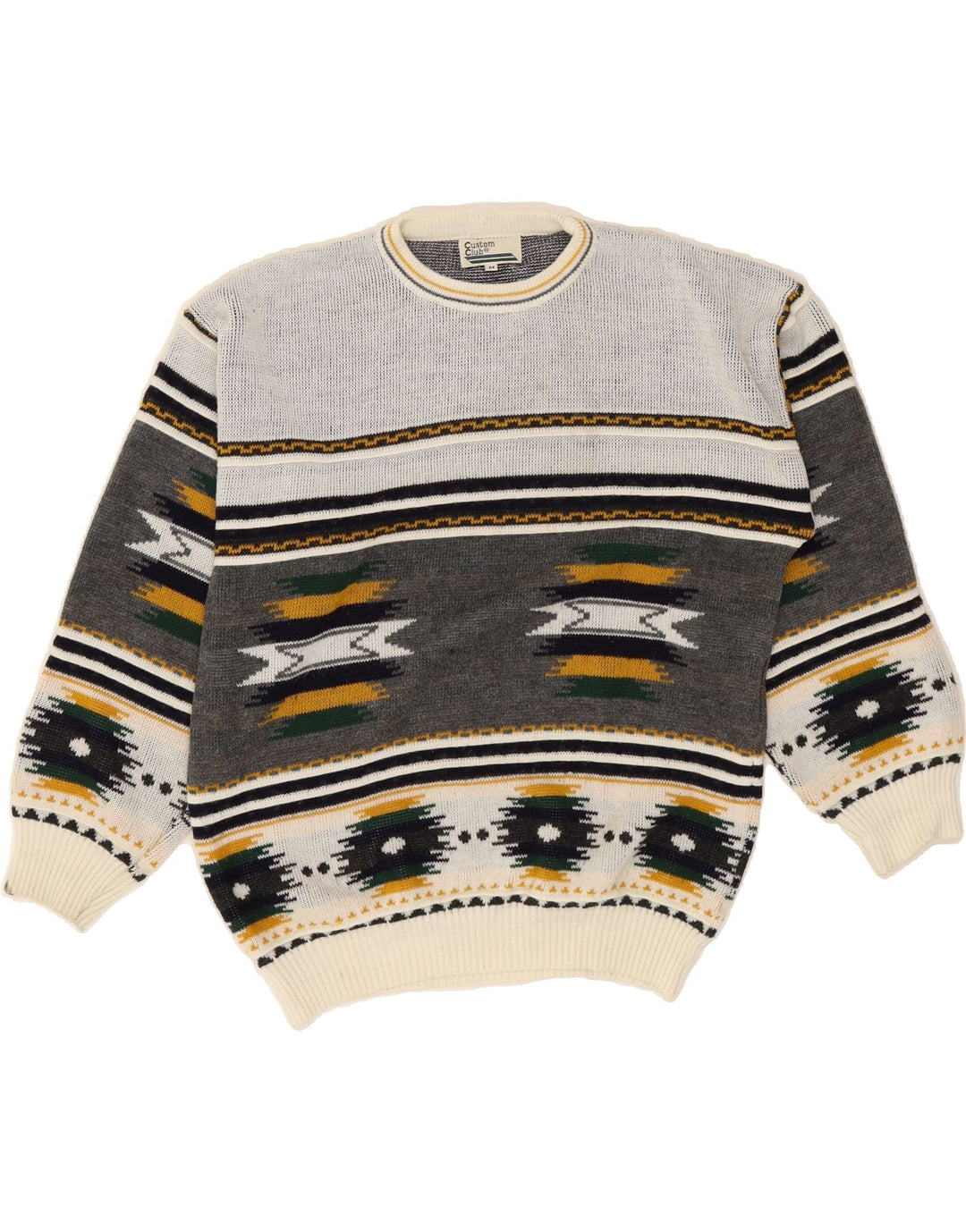 VINTAGE Mens Crew Neck Jumper Sweater Medium Grey Fair Isle Acrylic Vintage Vintage and Second-Hand Vintage from Messina Hembry 