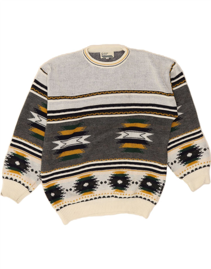 VINTAGE Mens Crew Neck Jumper Sweater Medium Grey Fair Isle Acrylic Vintage Vintage and Second-Hand Vintage from Messina Hembry 