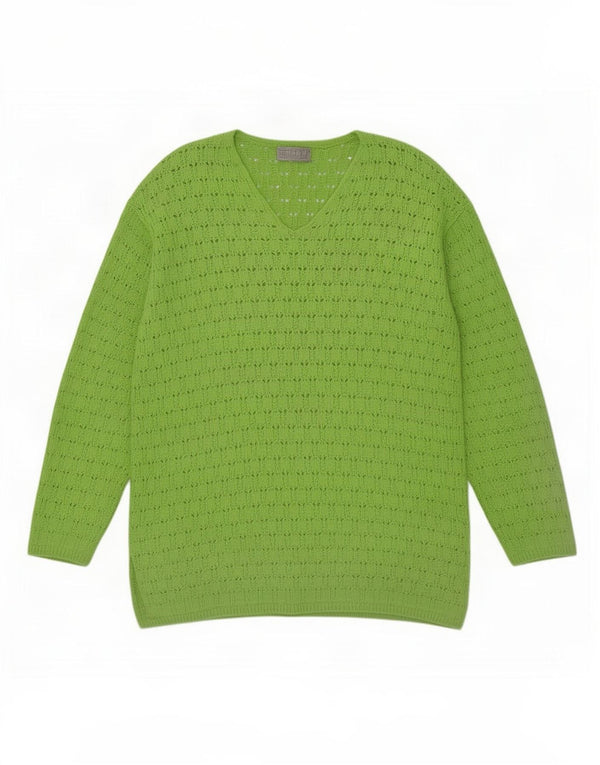 Sweter damski w stylu vintage z dekoltem w kształcie litery V, UK 14, duży, zielony, bawełniany