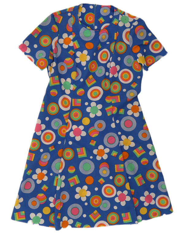Abito a trapezio da donna vintage UK 12 blu medio floreale