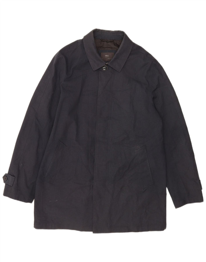 Marks & Spencer Mens Overcoat UK 38 Medium Navy Blue Houndstooth Polyester