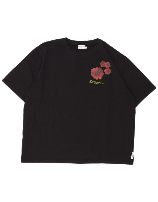 Desigual Womens Graphic T-Shirt Top UK 20 2XL Schwarz geblümte Baumwolle