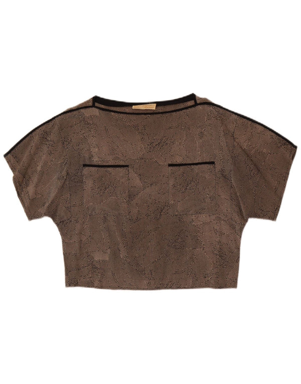 Vintage Womens Crop Blouse Top UK 14 Medium Brown Spotted Silk