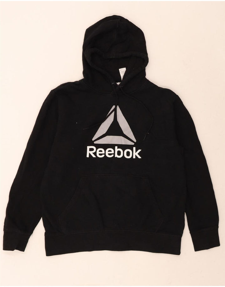 REEBOK Mens Graphic Hoodie Jumper Medium Black Cotton Vintage Reebok and Second-Hand Reebok from Messina Hembry 
