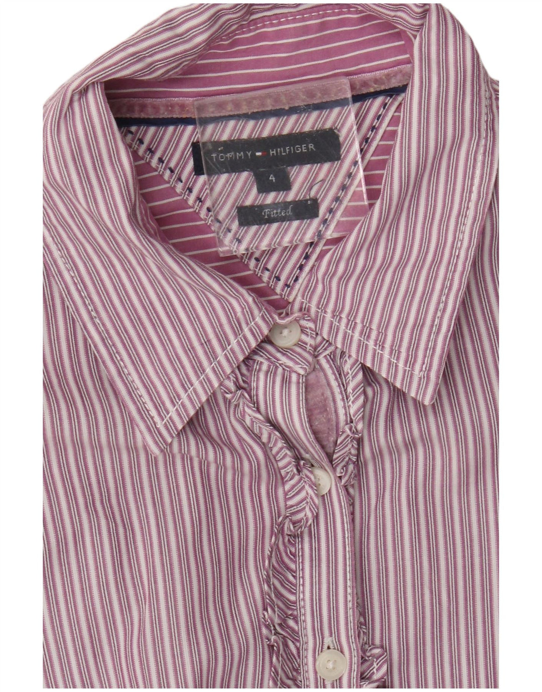 Tommy Hilfiger Womens Fitted Ruffle Front Shirt US 4 Small Purple Striped