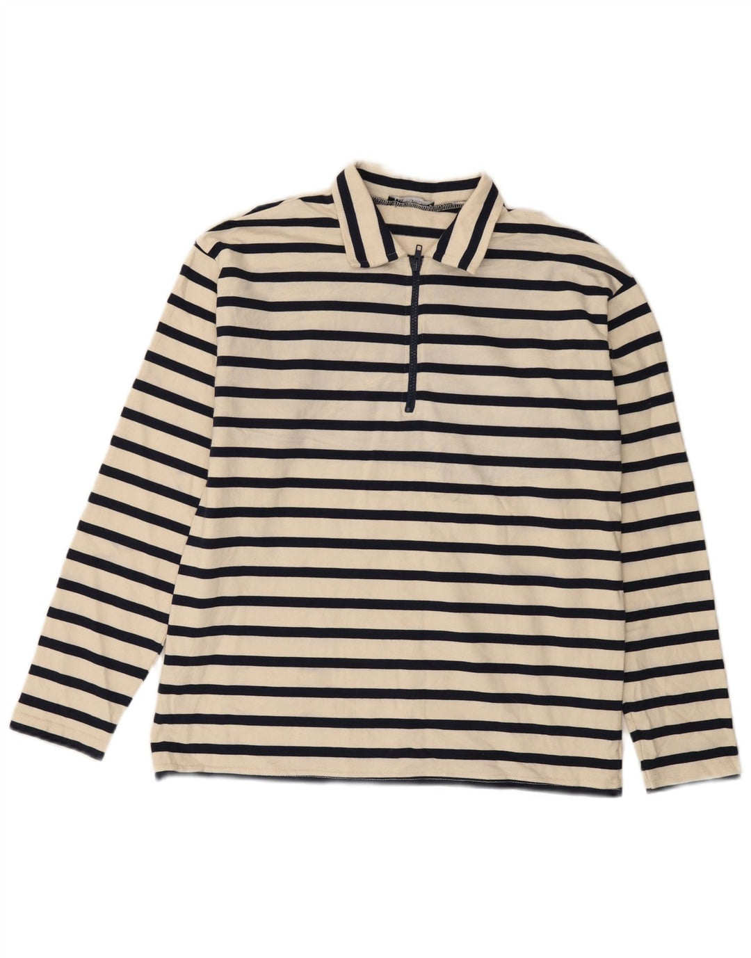 Zara Mens Long Sleeve Polo Shirt Medium Off White Striped Cotton