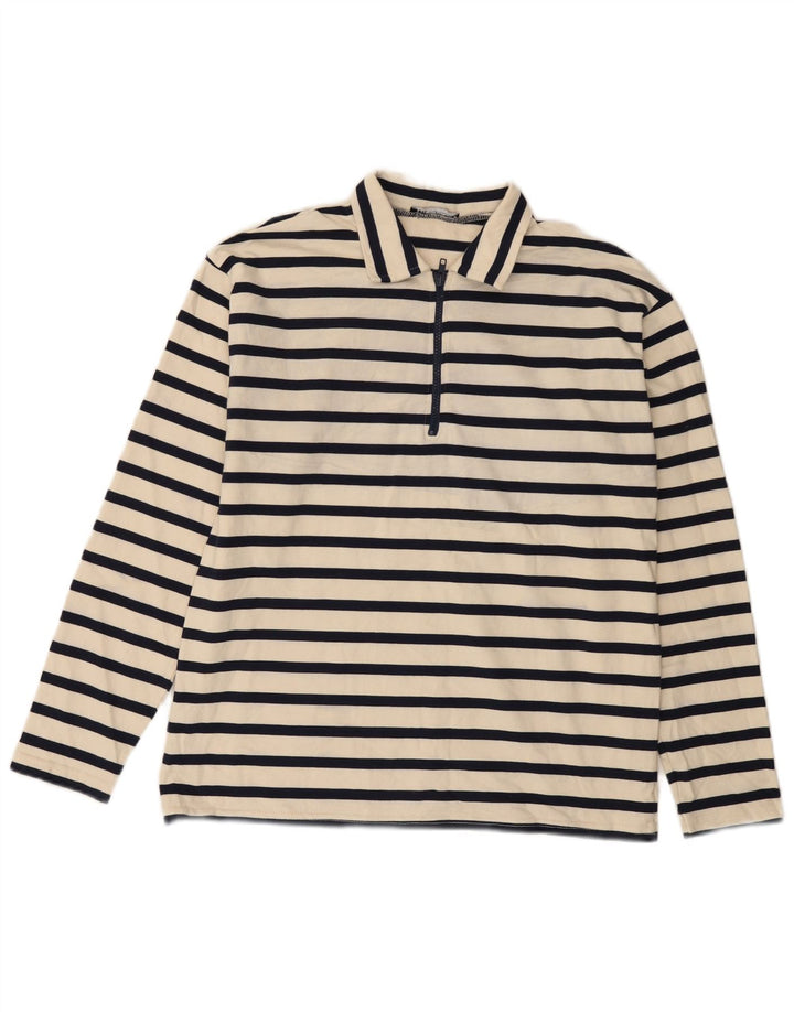Zara Mens Long Sleeve Polo Shirt Medium Off White Striped Cotton