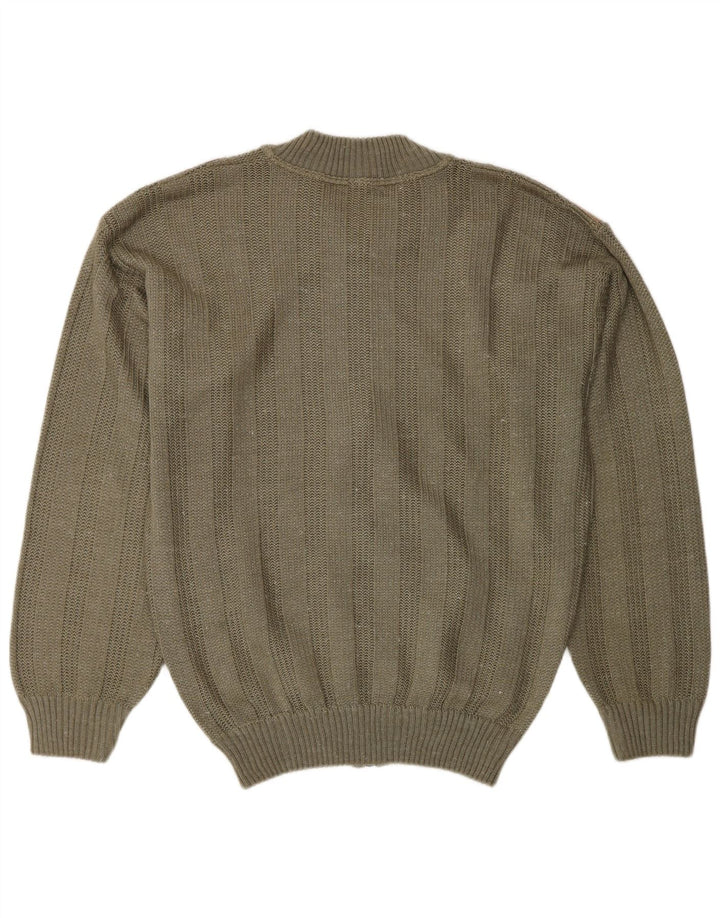 Vintage Mens Cardigan Sweater Medium Khaki Colourblock Acrylic