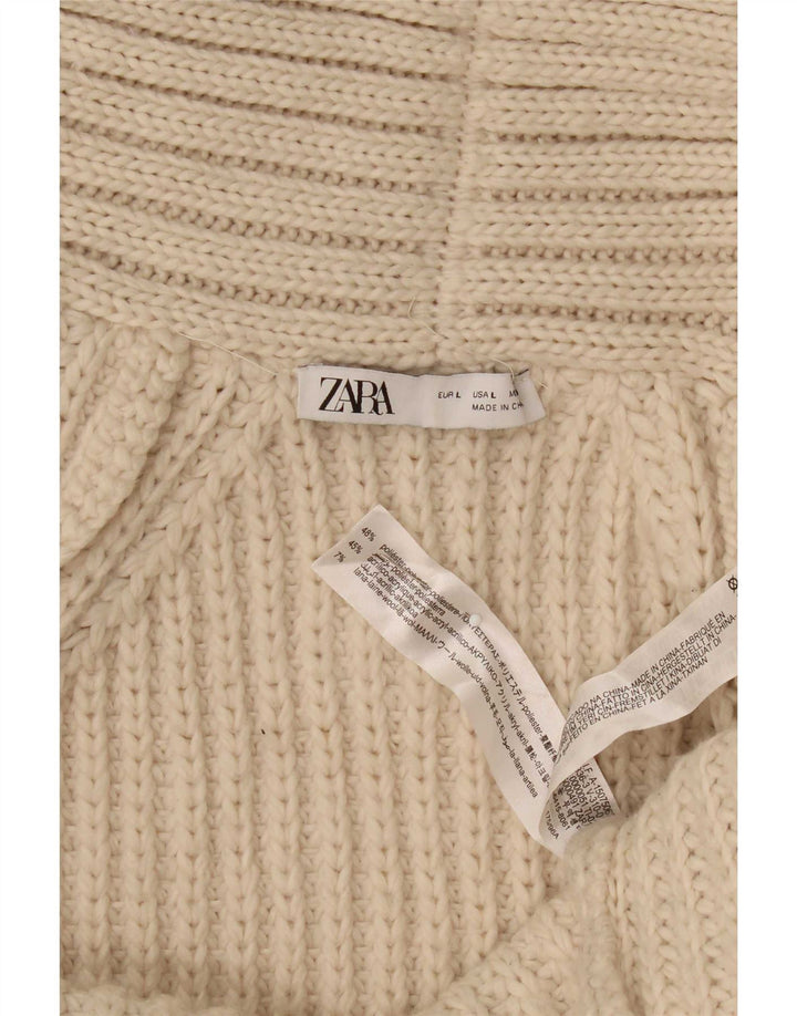 Zara Womens Longline Open Cardigan Sweater UK 16 Large Beige Polyester
