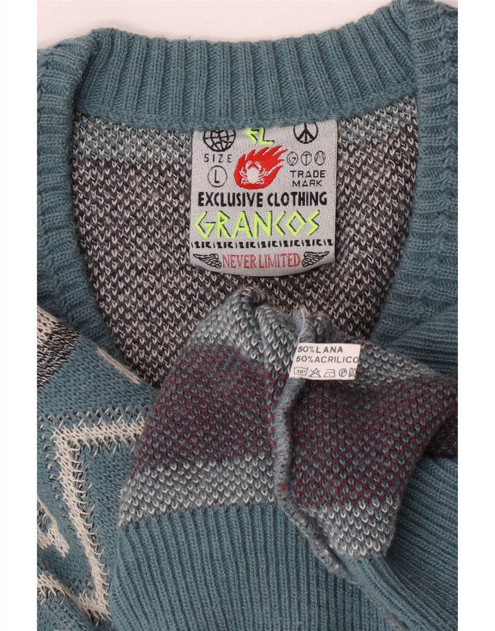 Vintage Mens V-Neck Jumper Sweater Large Blue Geometric Wool