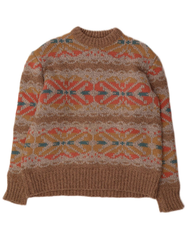 vintage Womens Crew Neck Jumper Pull UK 14 Grand Brun Fair Isle