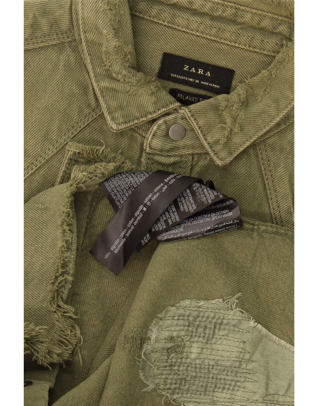 ZARA Mens Distressed Relaxed Fit Denim Shirt Small Khaki Cotton