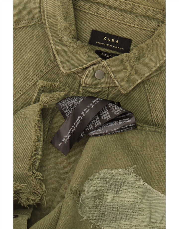 ZARA Mens Distressed Relaxed Fit Denim Shirt Small Khaki Cotton