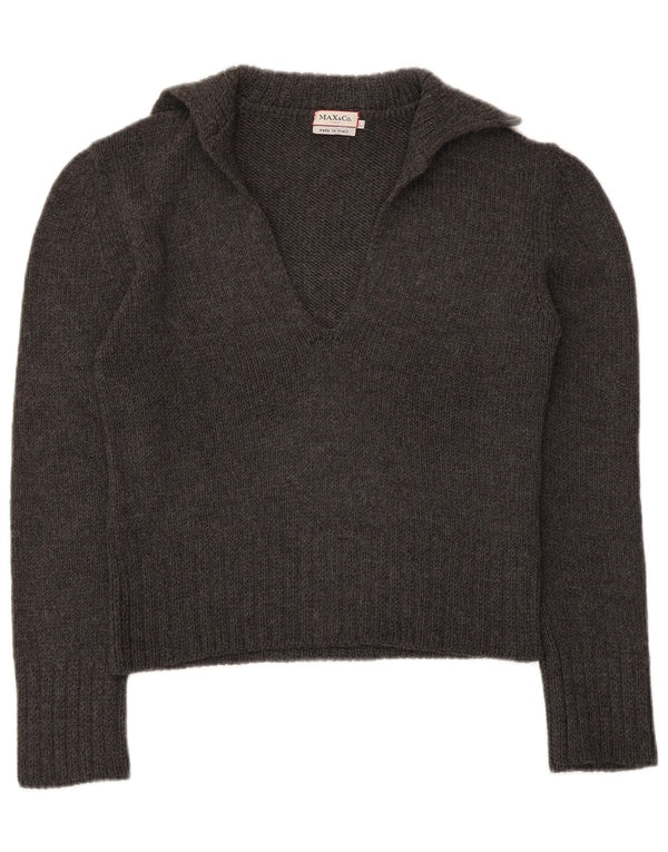 Damski sweter Max & Co. Crop Polo z dekoltem UK 14, duży, szary, z dziewiczej wełny