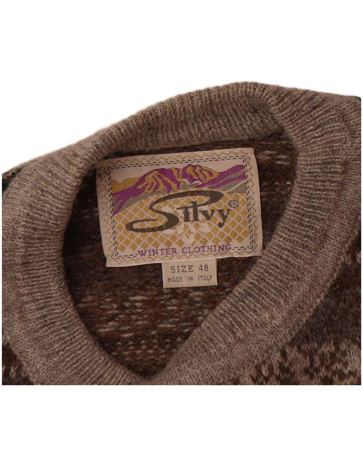 Silvy Mens Crew Neck Jumper Sweater IT 48 Medium Grey Fair Isle Alpaca Wool