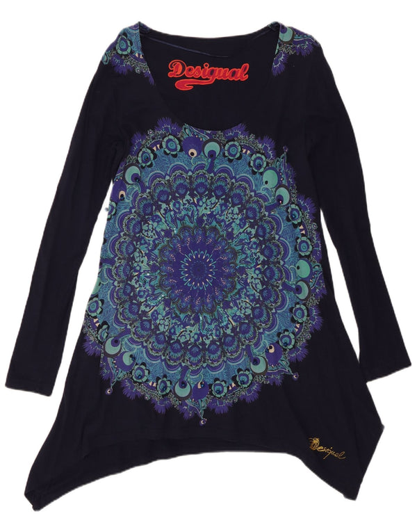 Desigual Top tunica a maniche lunghe da donna UK 14 Large Navy Blue Paisley