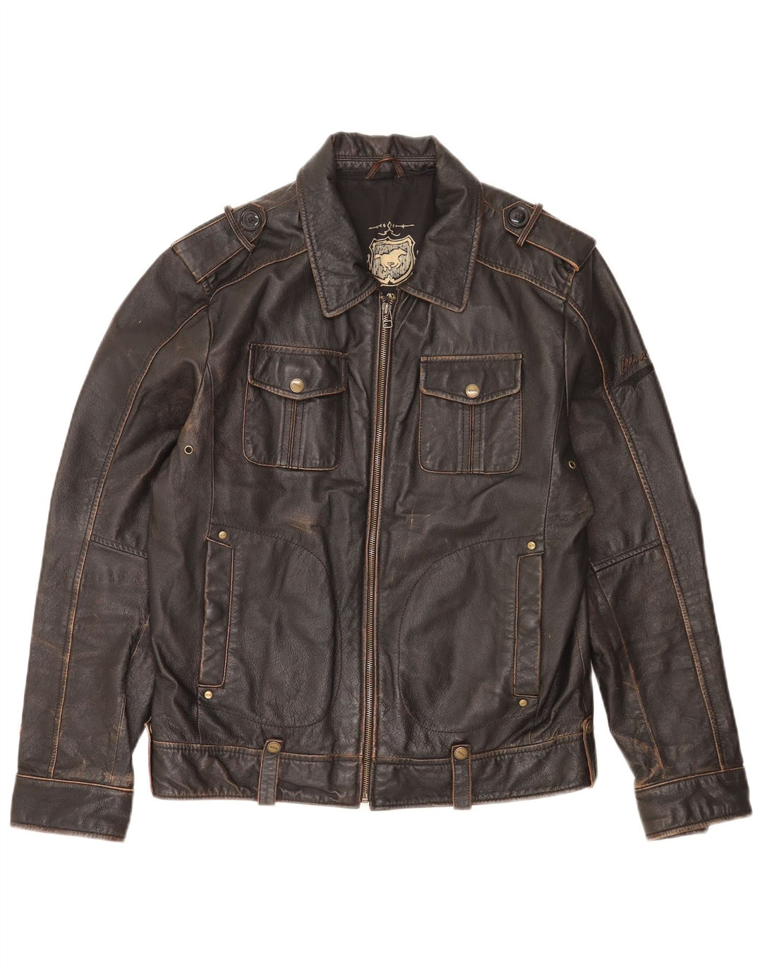 Mustang Mens Military Leather Jacket UK 36 Small Brown Leather