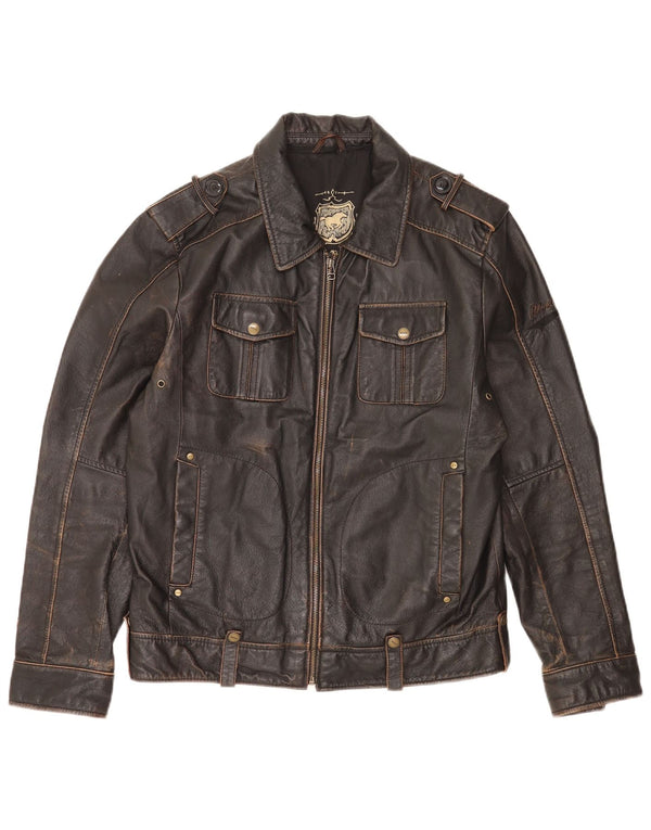 Mustang Chaqueta de cuero militar para hombre UK 36 Small Cuero marrón