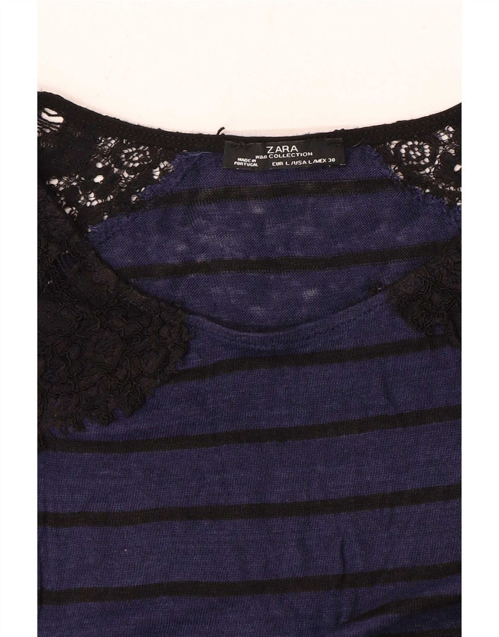 Top Zara da donna a maniche lunghe UK 14 Large a righe blu navy