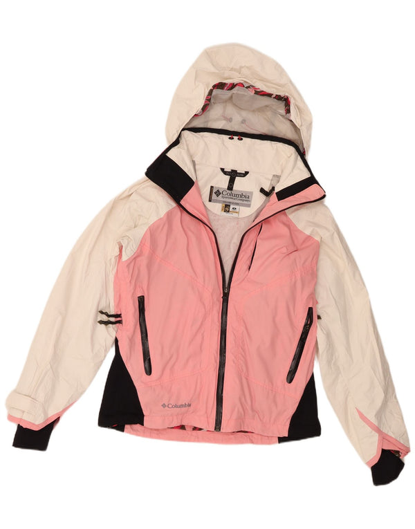 Giacca da sci con cappuccio da donna Columbia UK 10 Small nylon color block bianco