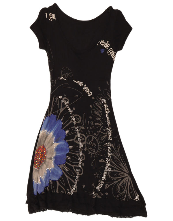 Desigual Womens Graphic A-Line Dress UK 12 Medium Black Floral
