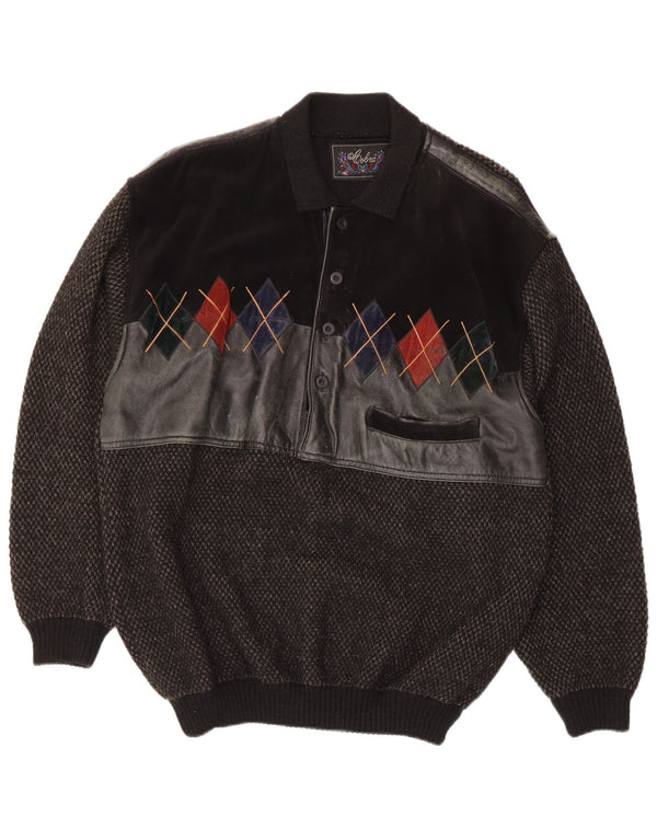 Cobra Pull à col polo pour homme IT 52 Large laine noire à losanges/diamants