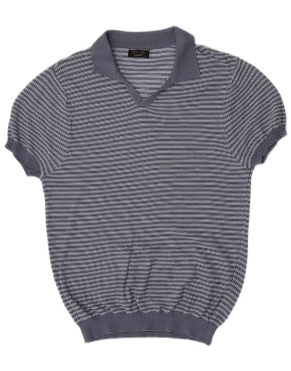 Zara Mens Short Sleeve Polo Neck Jumper Sweater Large Blue Striped