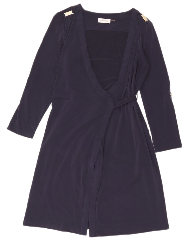 Calvin Klein Womens Long Sleeve Wrap Dress UK 14 Medium Navy Blue Polyester