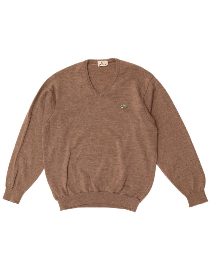 Lacoste Mens V-Neck Jumper Sweater Size 3 Small Brown New Wool