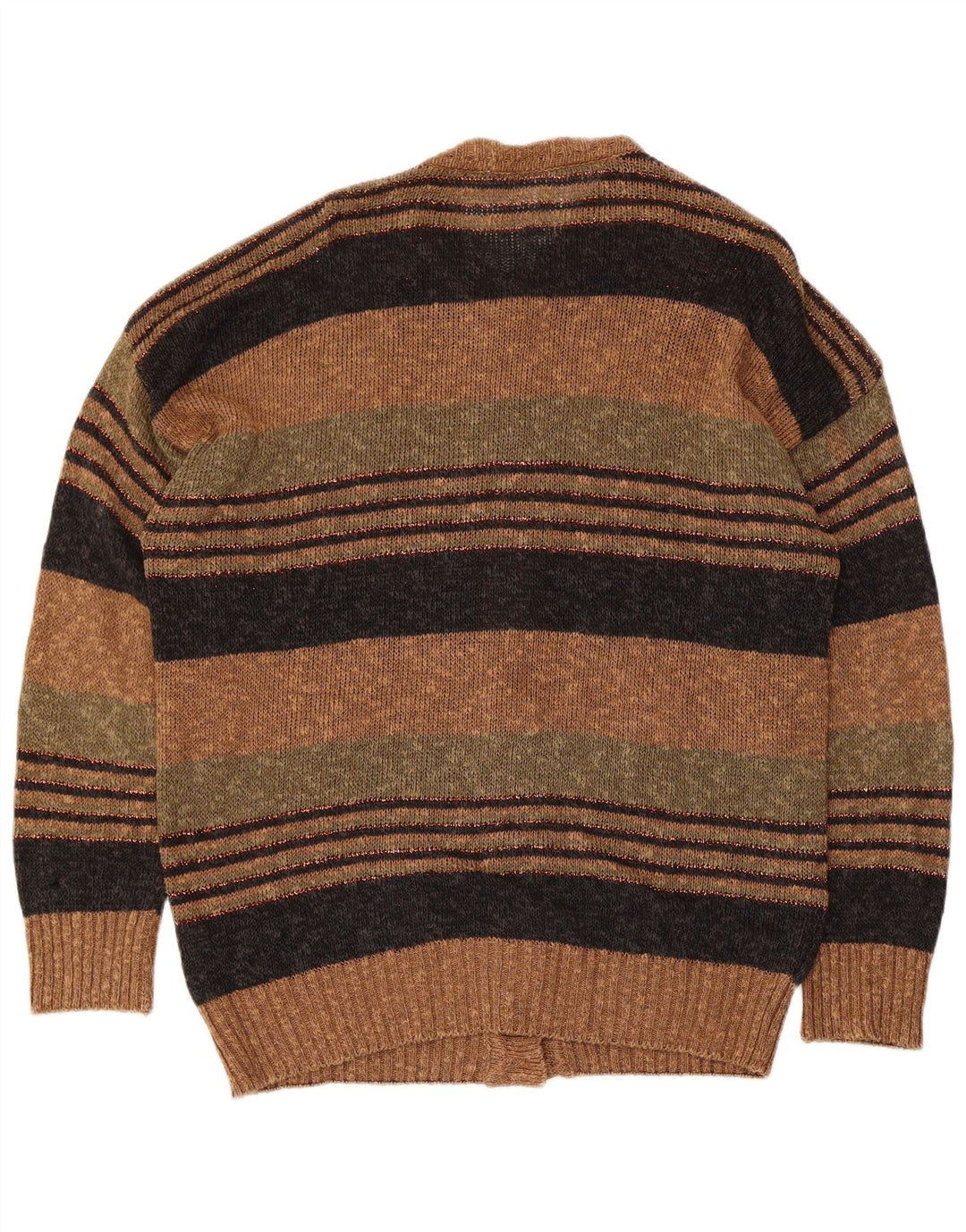 Vintage Womens Cardigan Sweater Large Brown Striped Linen