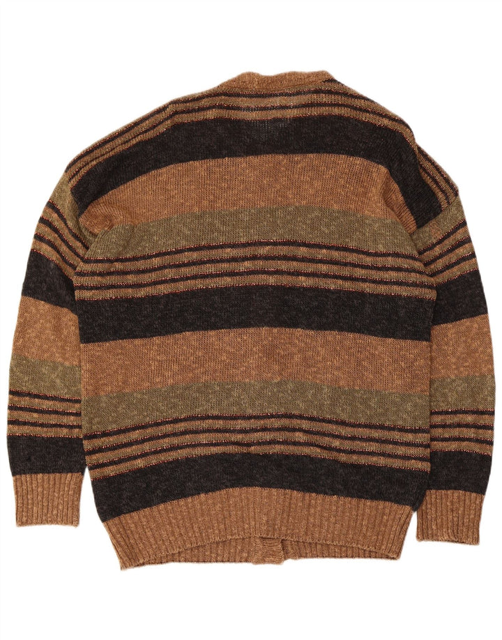 Vintage Womens Cardigan Sweater Large Brown Striped Linen