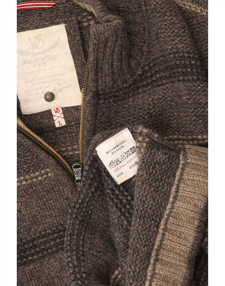 White Stuff Mens Zip Neck Jumper Sweater Large Grey Striped Lambswool