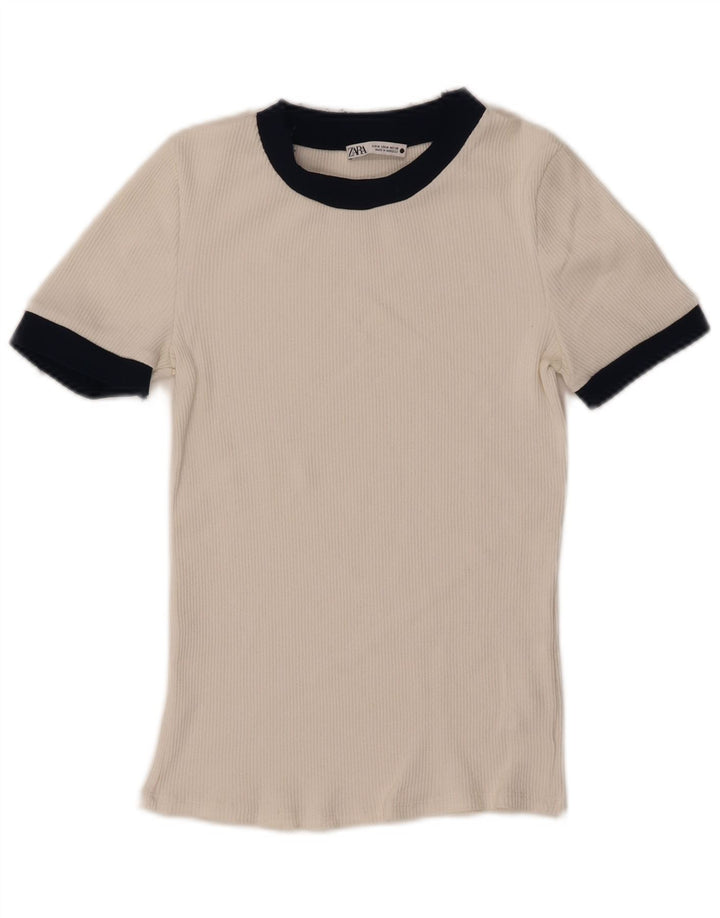 Zara Dame T-Shirt Top UK 12 Medium White Colourblock Polyester