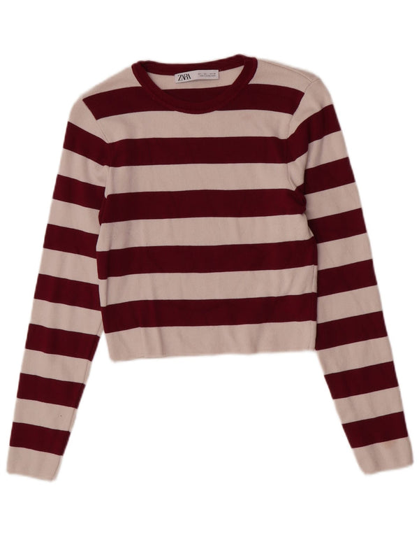Zara Womens Crop Blouse Top UK 14 Large Burgundy Striped Viscose