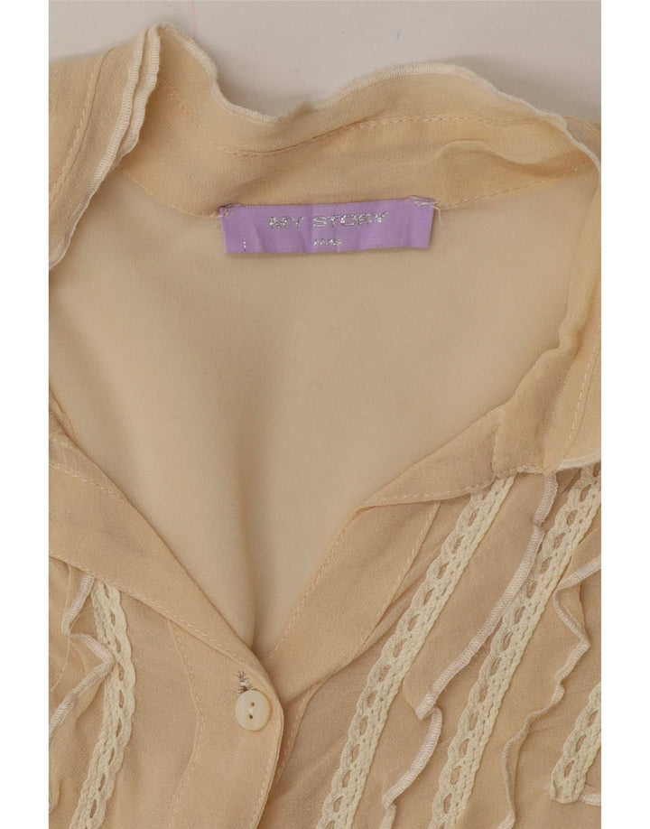 vintage Femme Manches Courtes Ruffle Front Shirt UK 12 Beige Moyen