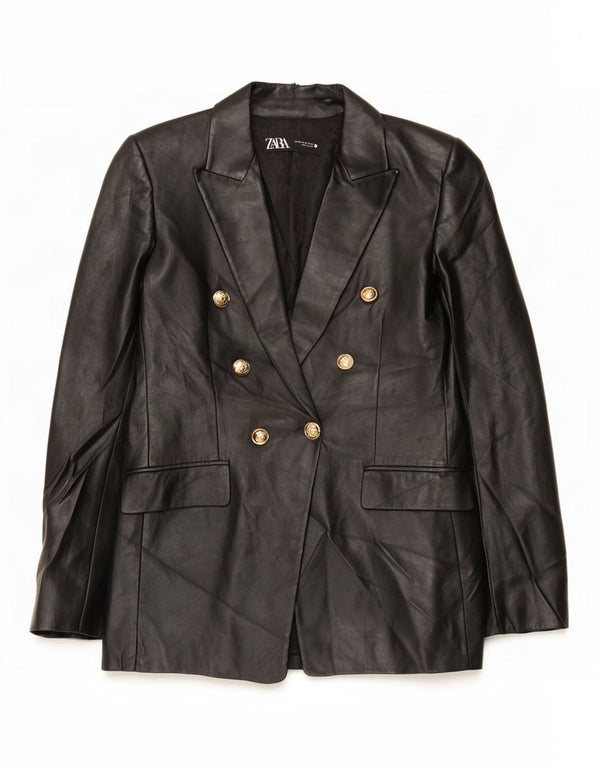 Zara Womens Double Breasted Faux Leather Blazer Jacket UK 6 XS Black