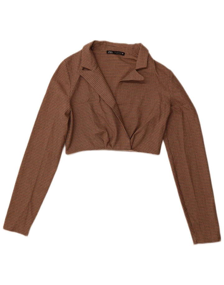 Top corto a maniche lunghe da donna ZARA UK 12 Poliestere pied de poule marrone medio