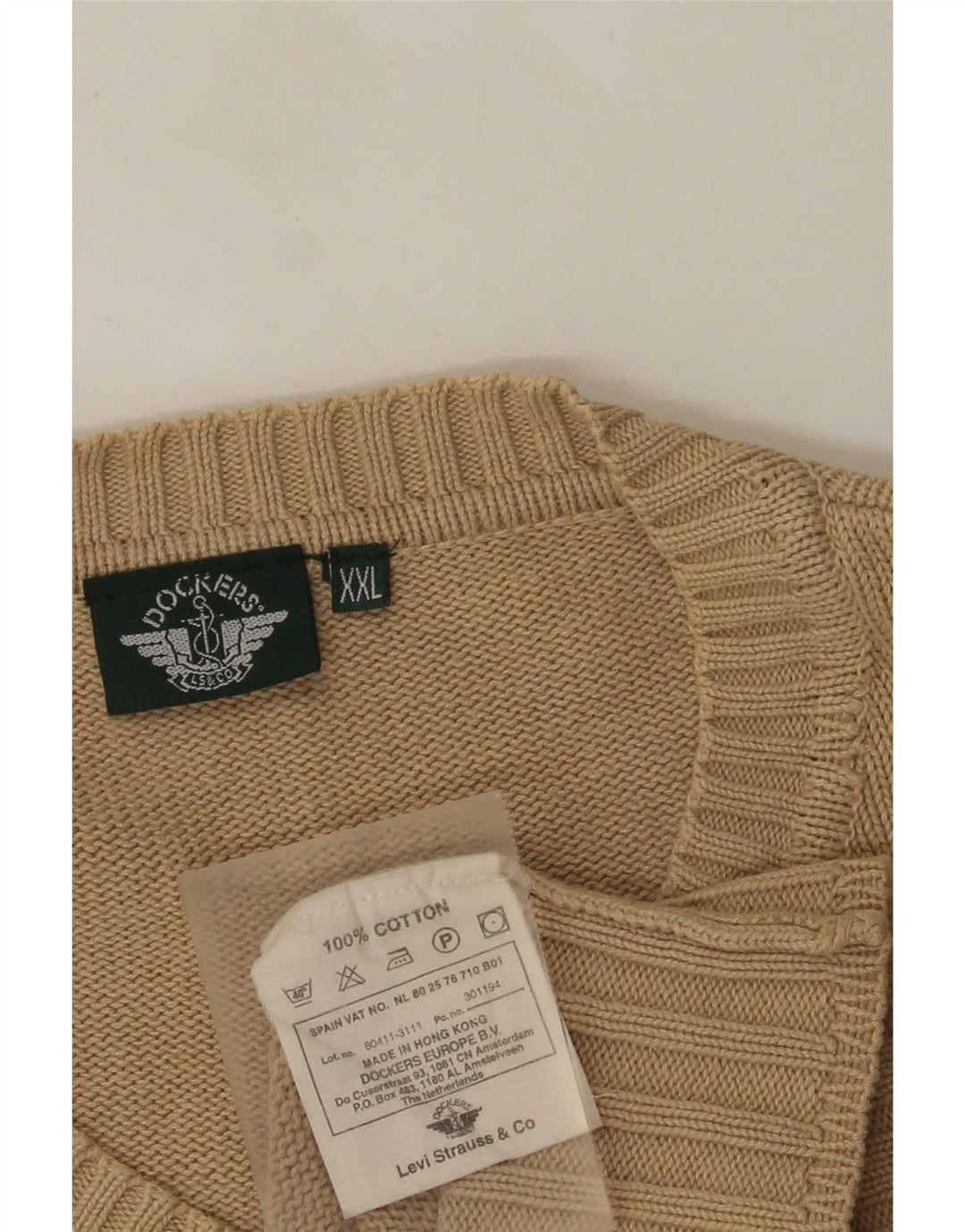 Dockers Mens V-Neck Jumper Sweater 2XL Beige Cotton