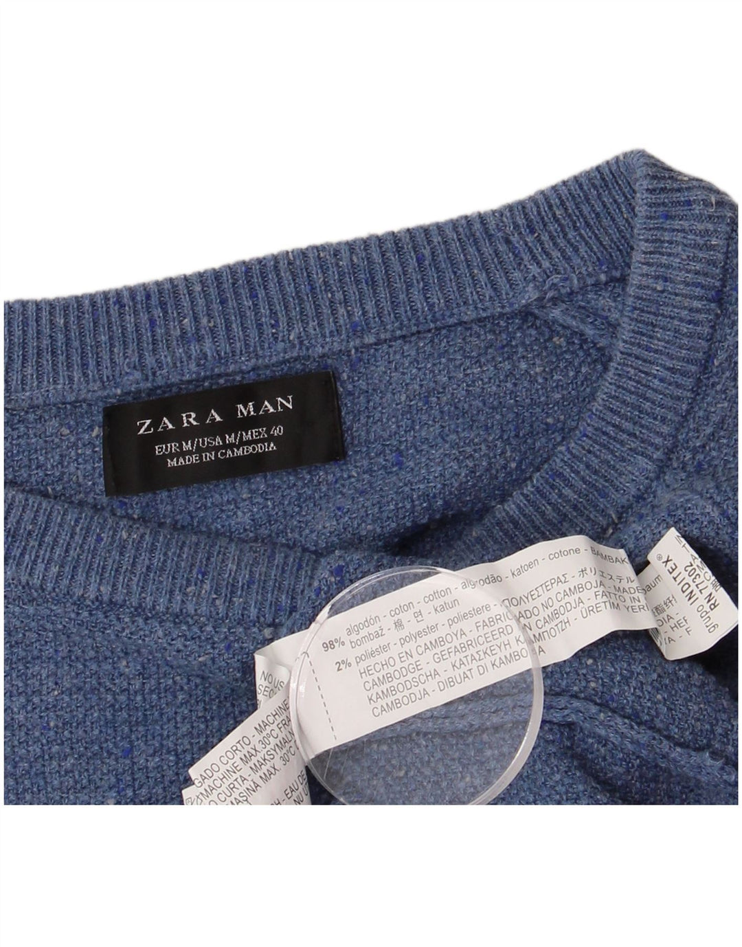 ZARA Herren-Pullover mit U-Boot-Ausschnitt, Mittelblau meliertes Polyester