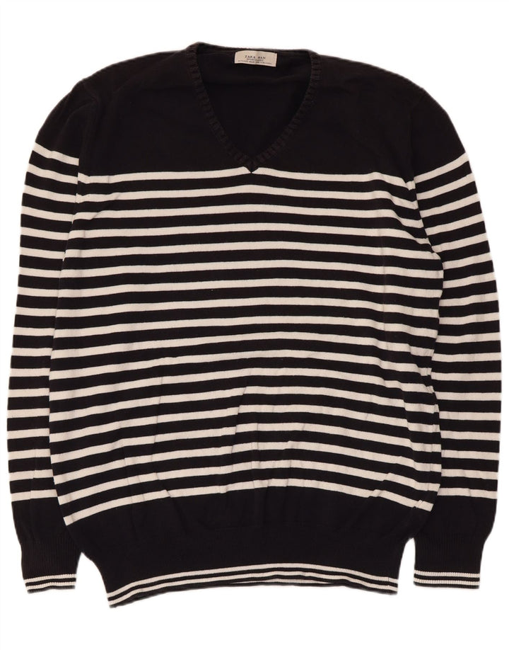 Zara Herre V-hals sweater XL Sort Stribet