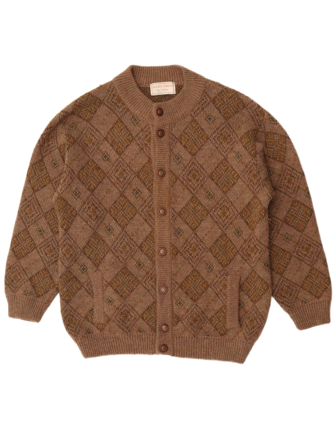 Angelo Greco Mens By Simona Cardigan Sweater Large Brown Argyle/Diamond