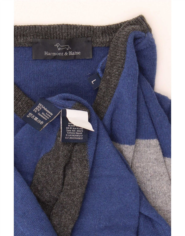 Harmont & Blaine Mens Crew Neck Jumper Sweater Large Blue Striped Polyamide