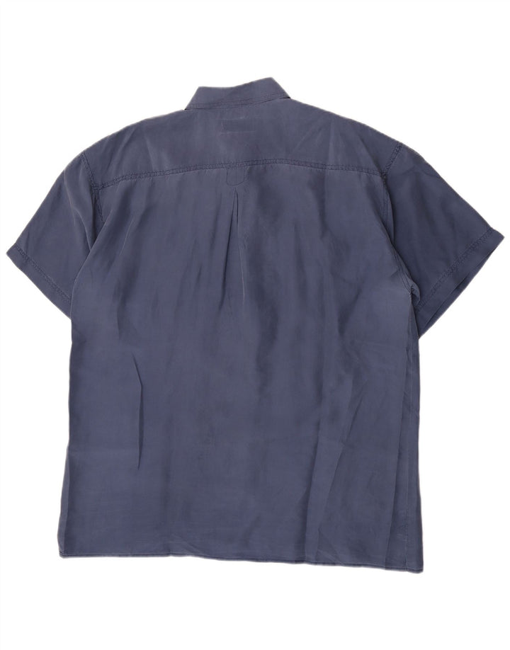 Vintage Mens Short Sleeve Shirt Large Blue Silk Classic