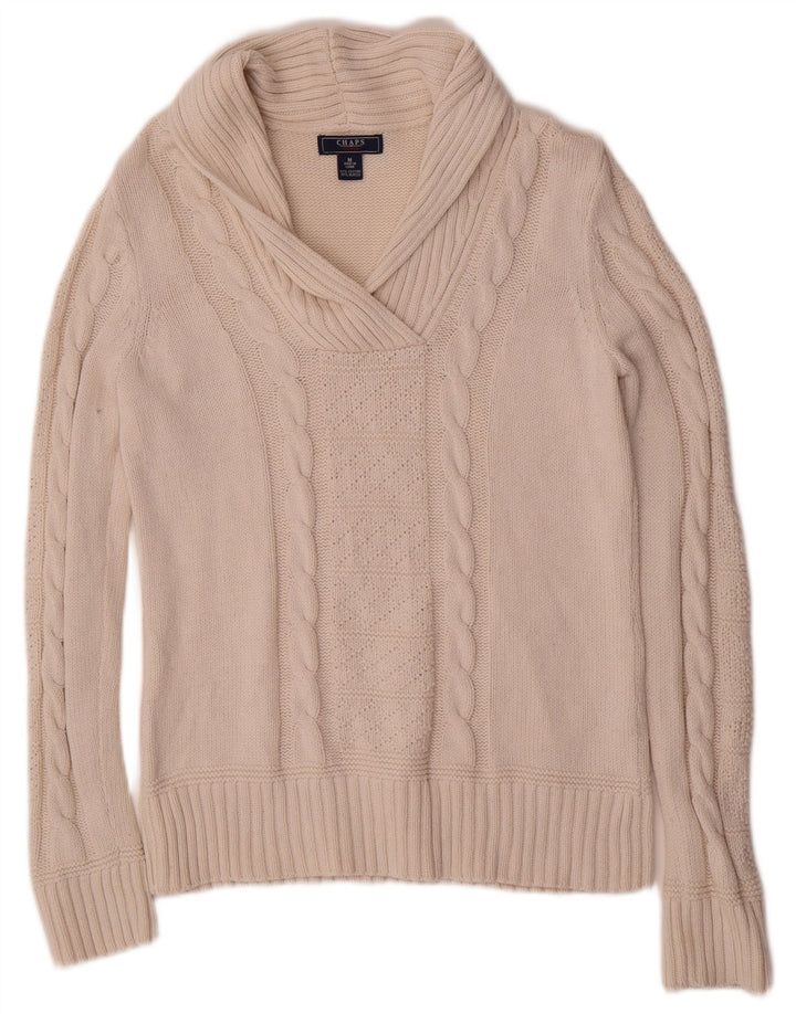 Chaps Womens Shawl Neck Jumper Sweater UK 12 Medium White Cotton