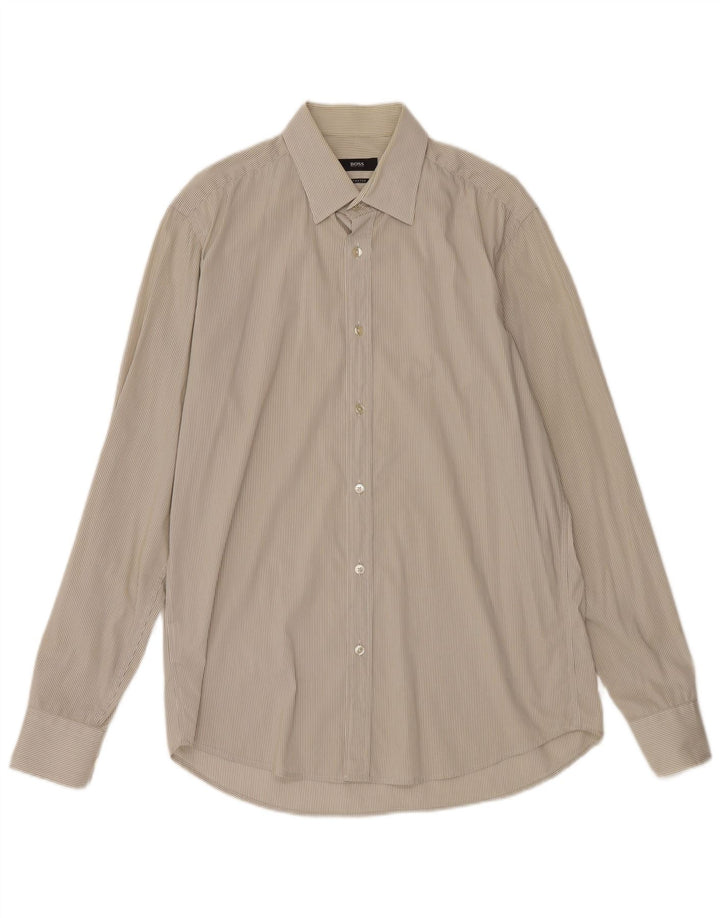 HUGO BOSS Mens Shirt Size 40 15 3/4 Medium Beige Pinstripe