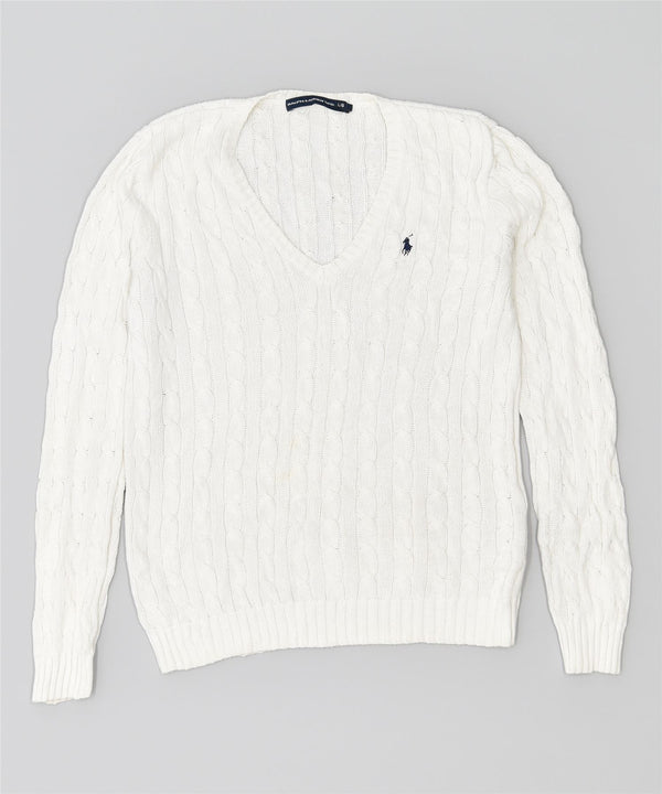 RALPH LAUREN Womens V-Neck Jumper Sweater UK 14 Large White Cotton