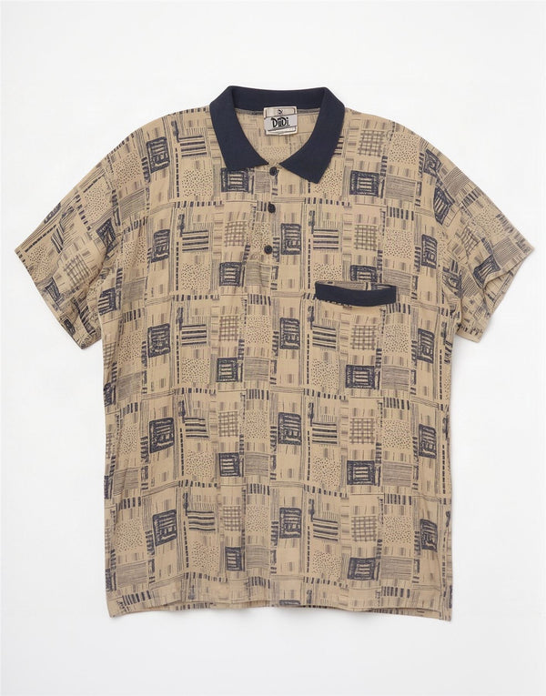 Vintage Mens Short Sleeve Pullover Shirt XL Beige Patchwork Viscose